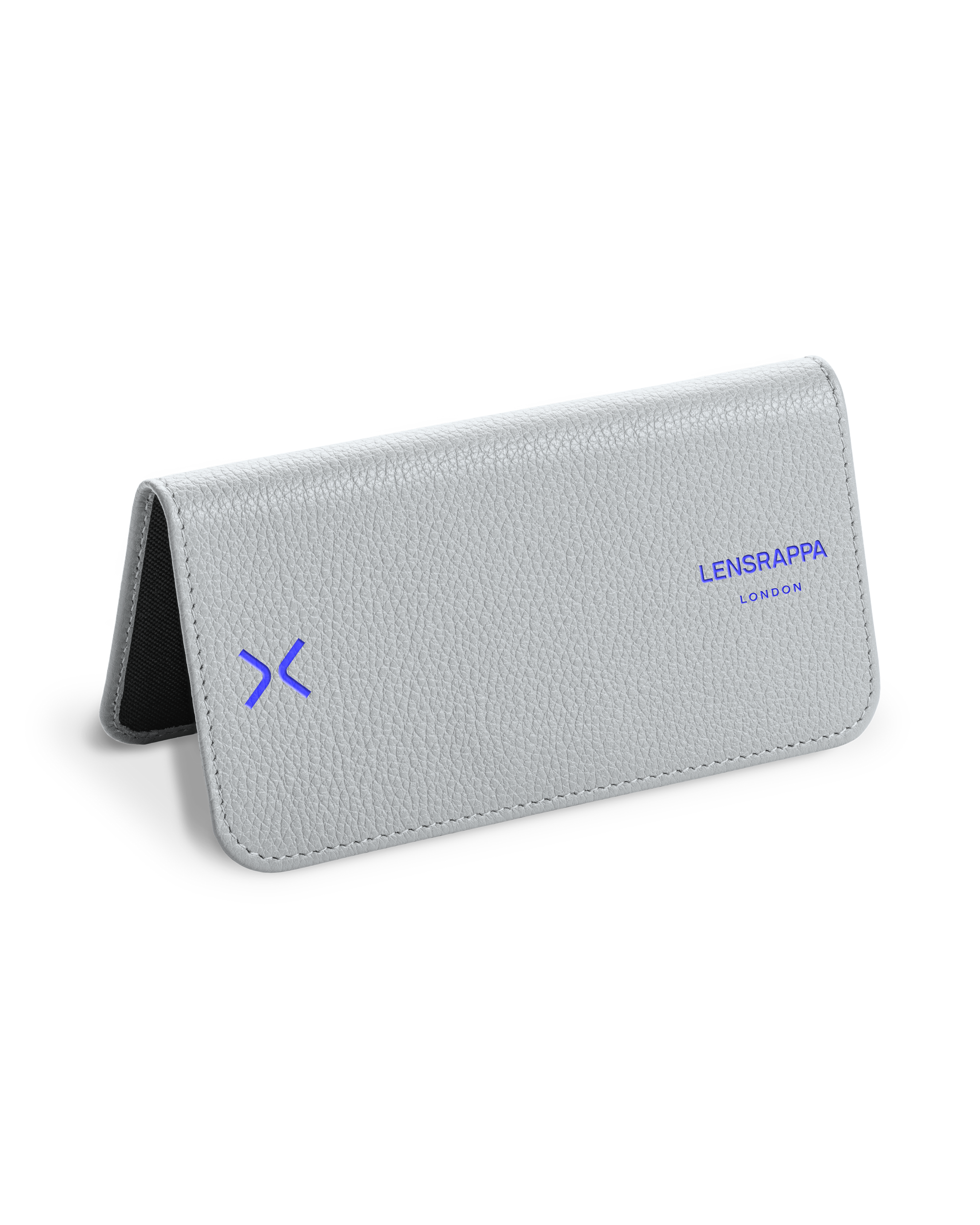 A Dove Grey Lensrappa, which is a glasses case, displayed in an open position with a visible blue logo.