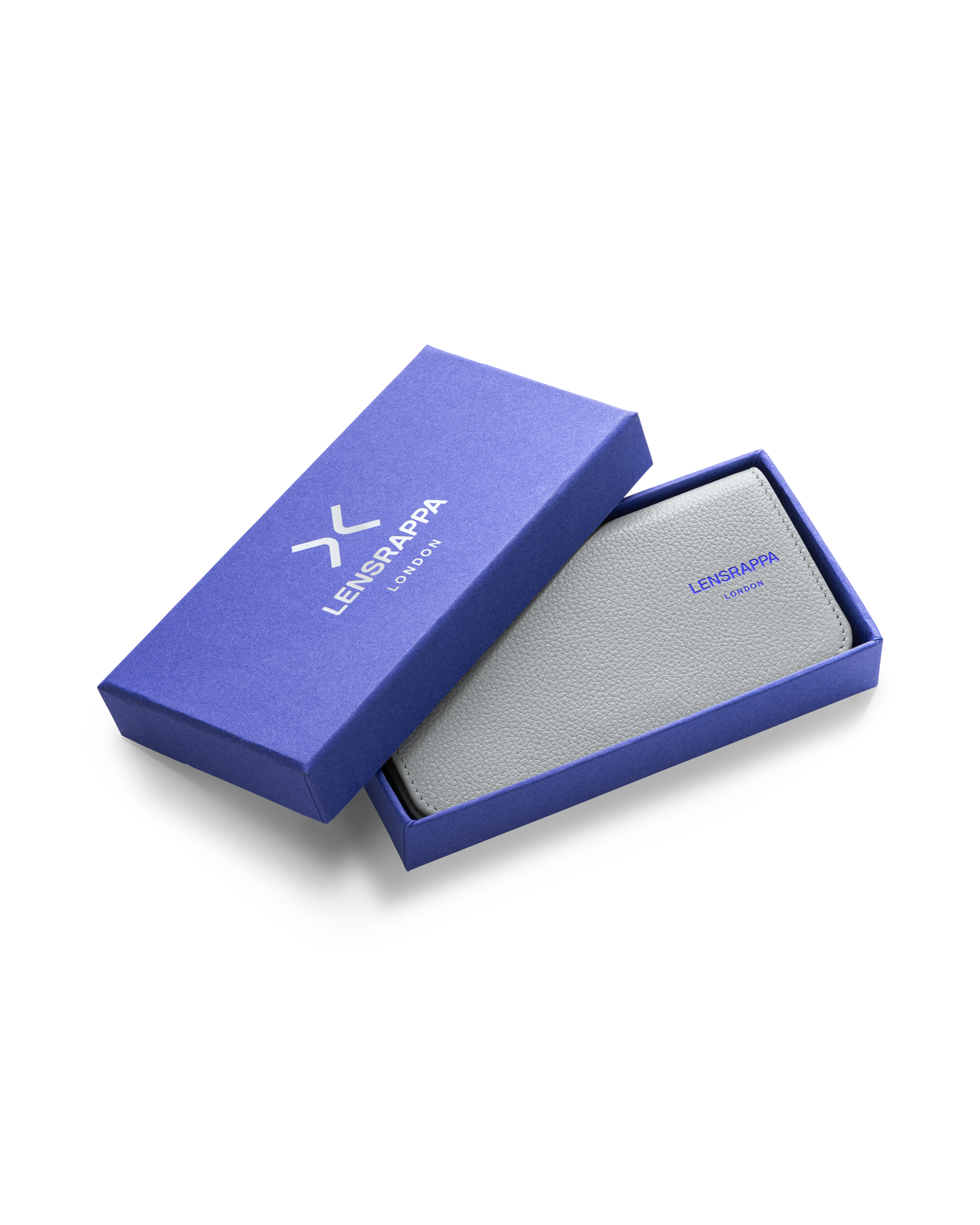 Grey leather glasses case in a Blue Lensrappa London gift box