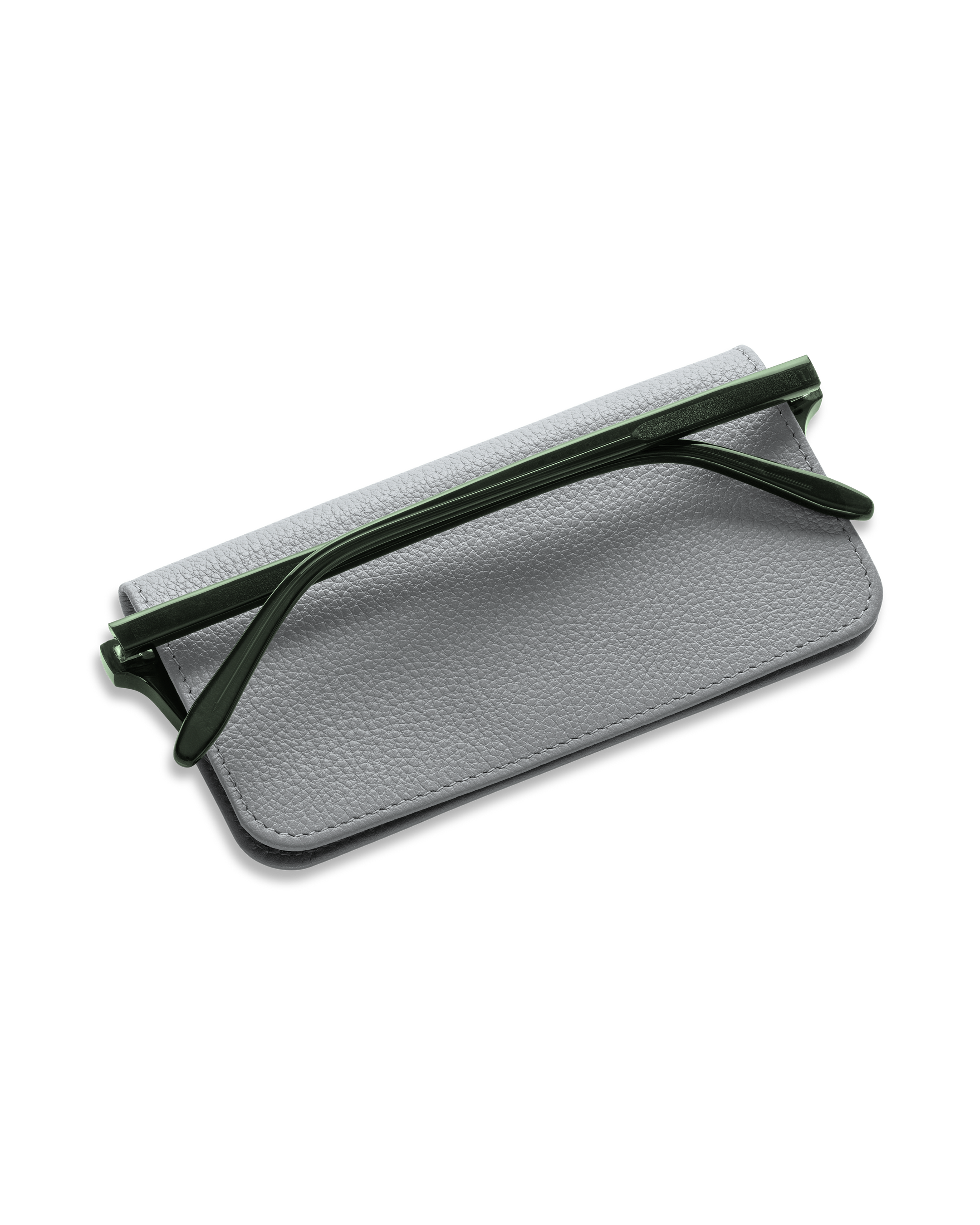 Grey leather Lensrappa eyewear case with a pair of glasses inside of it protecting its lenses