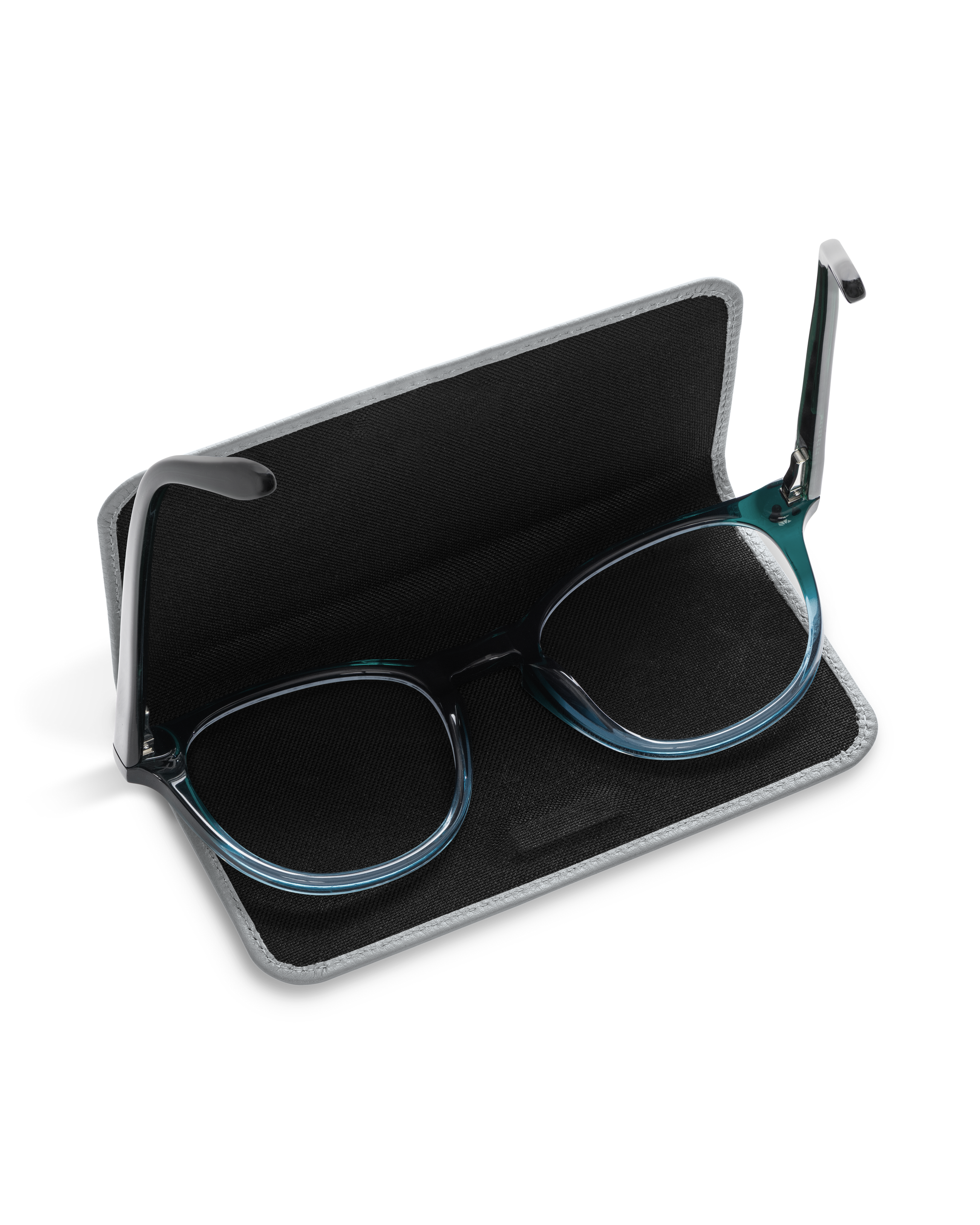 Grey Lensrappa case open with a pair of reading glasses inside