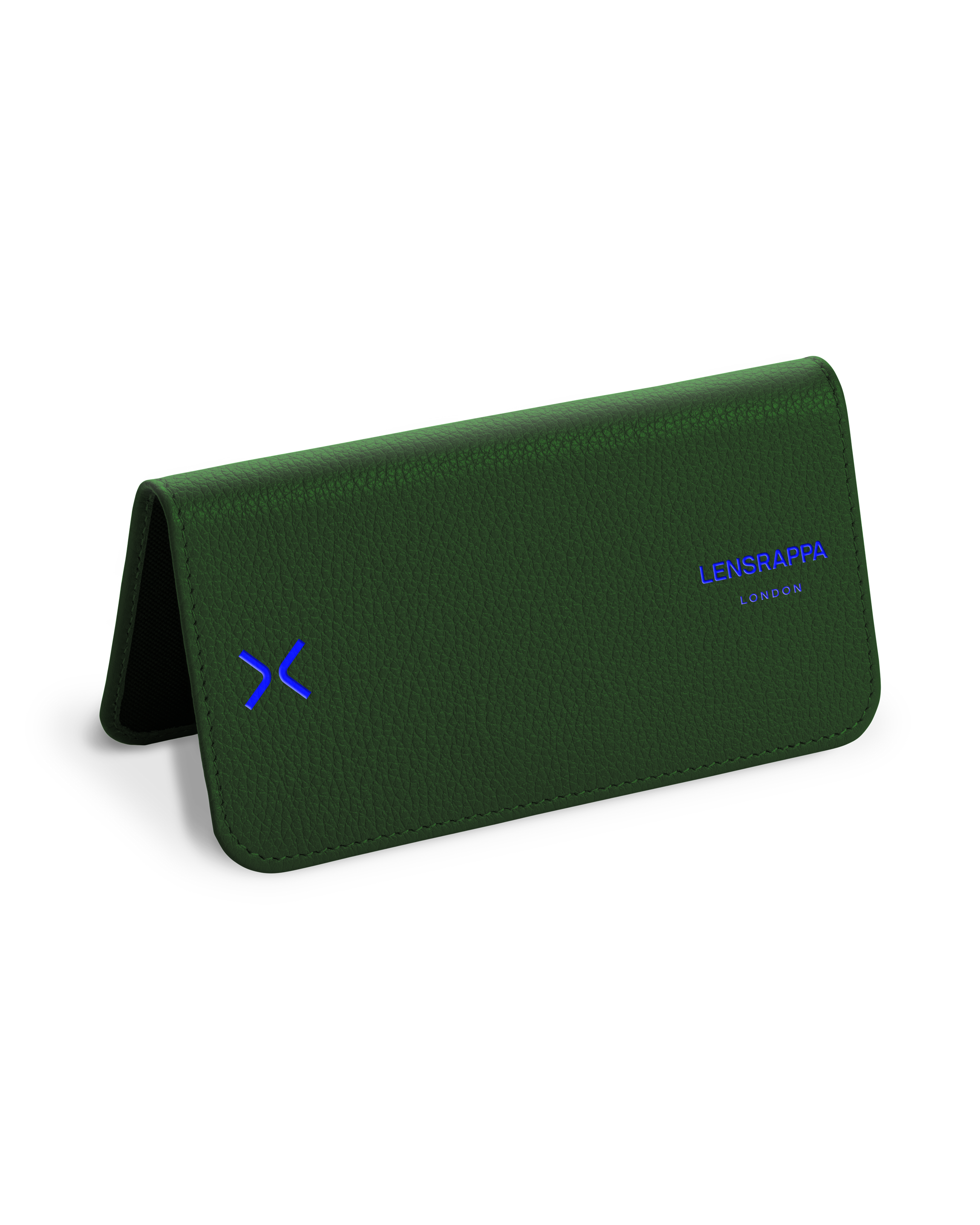 A leather green Lensrappa glasses case with a logo in blue.