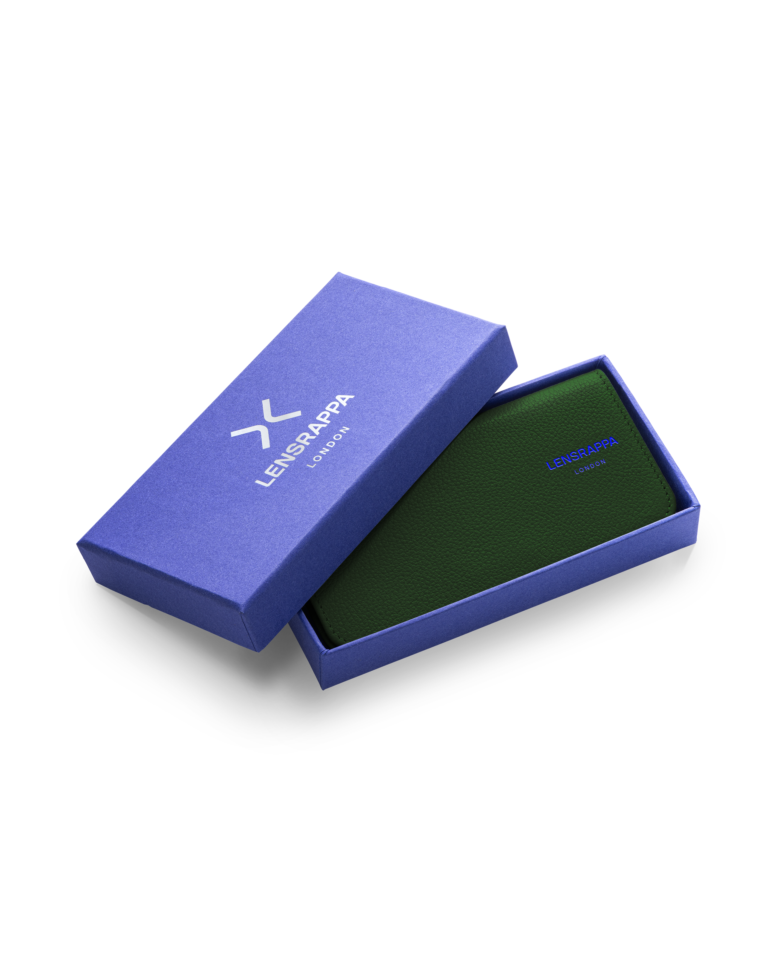Leather green eyewear case inside a Lensrappa London gift box