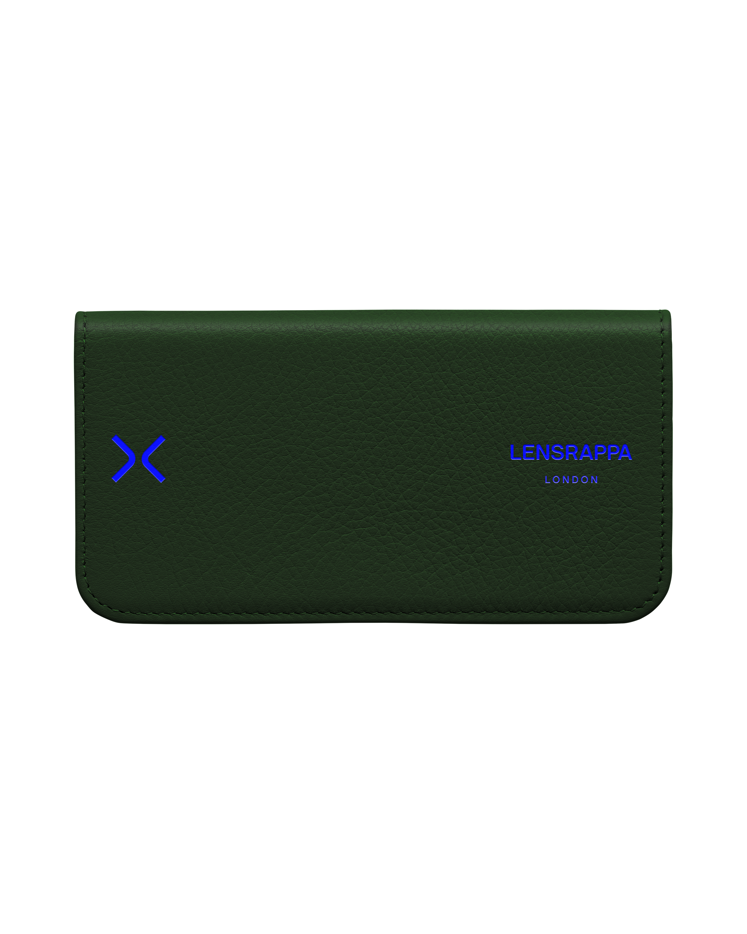 Front on view of a thin leather green glasses case