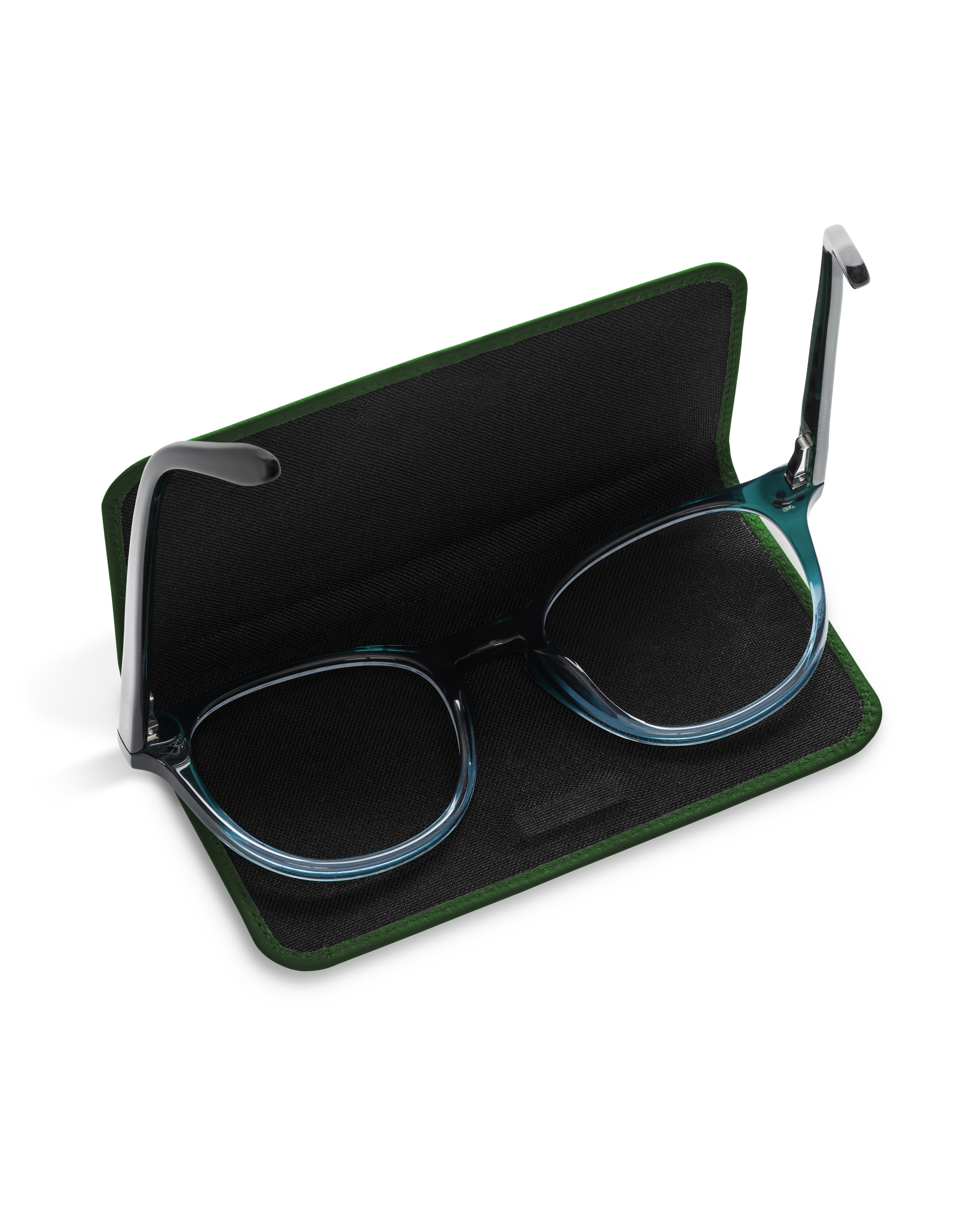 Open leather glasses case with a pair of glasses inside