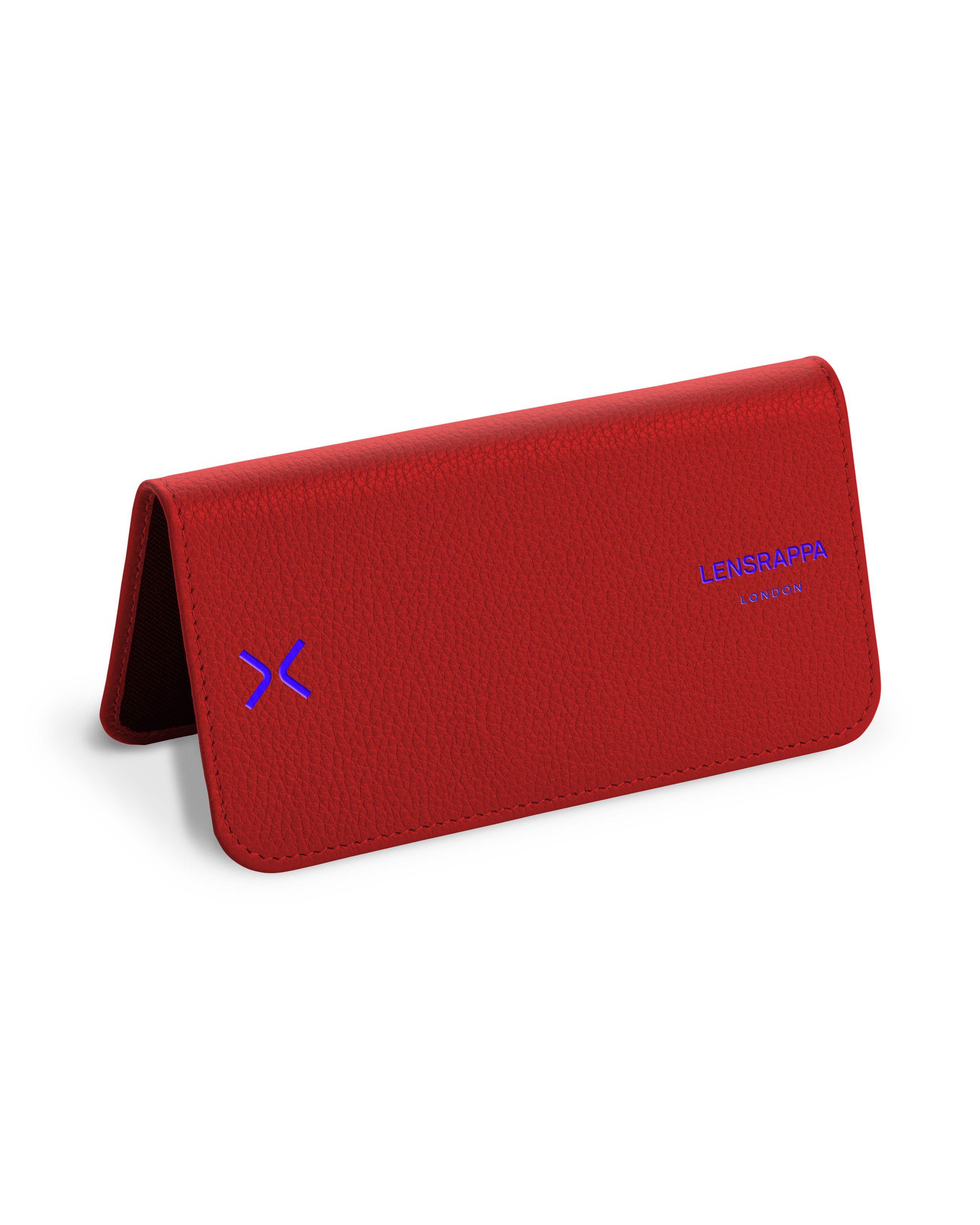 A red leather eyewear case with the brand name 'Lensrappa' on it.