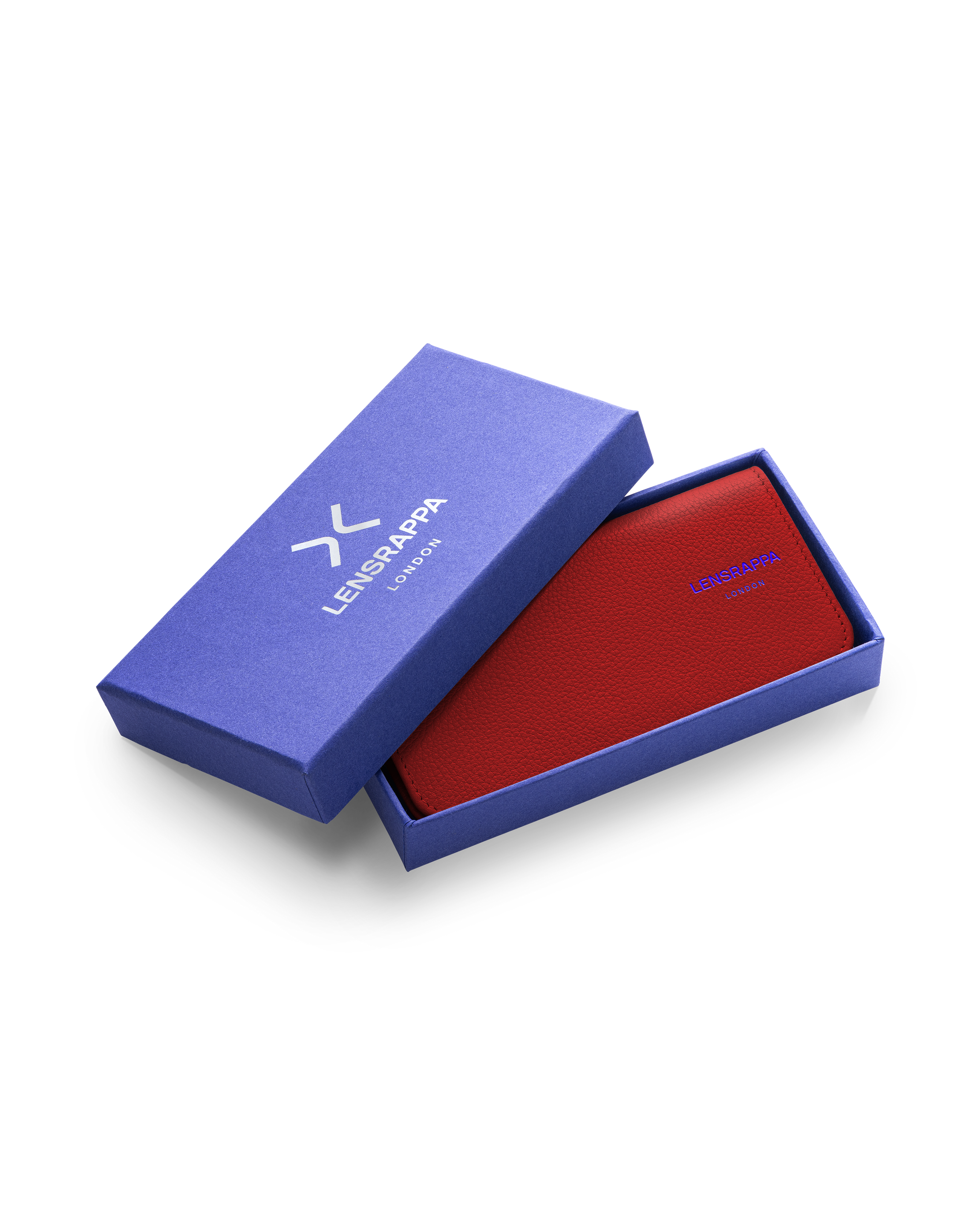 Red leather glasses protector inside a gift box