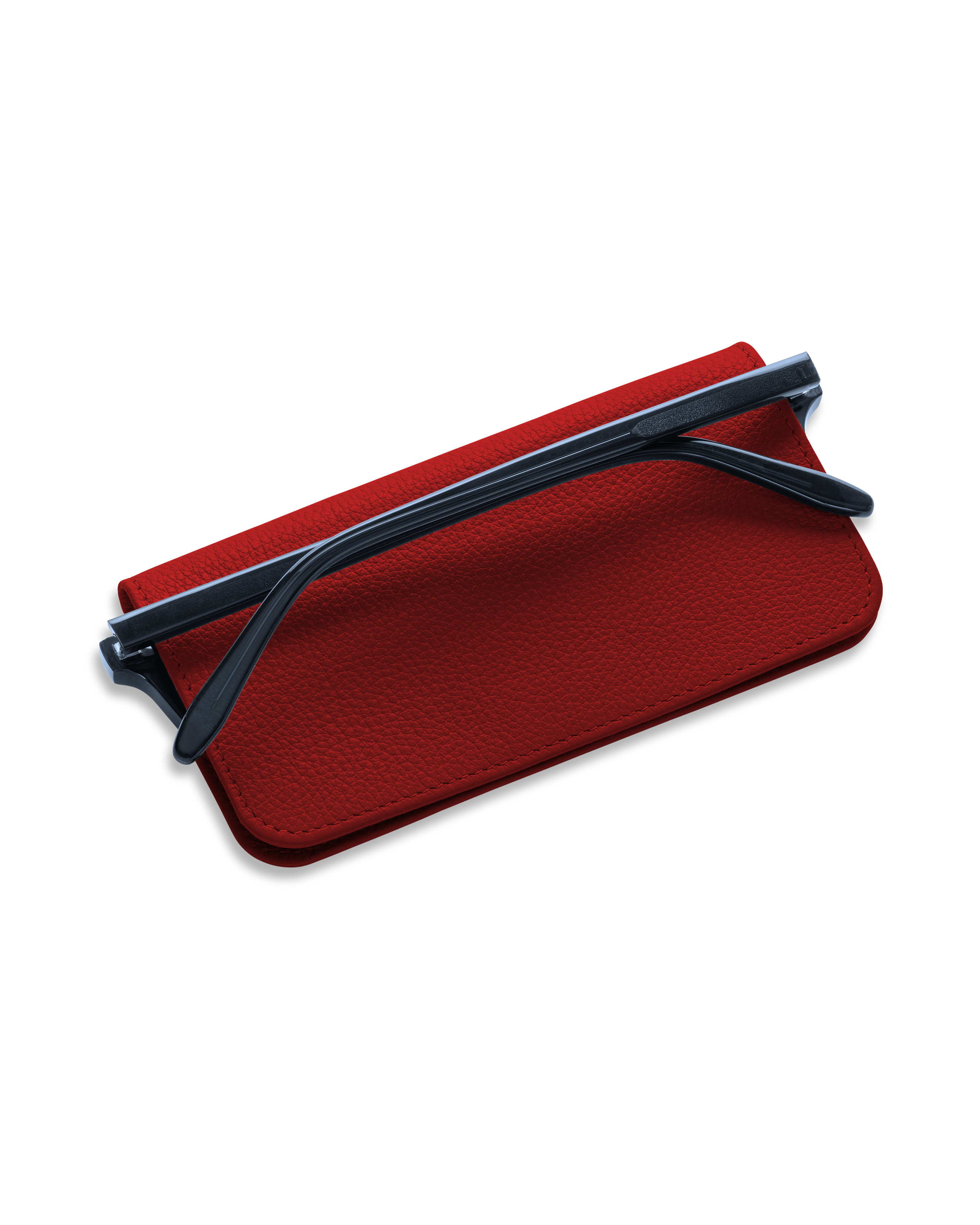 Red leather eyewear case protecting a pair of glasses