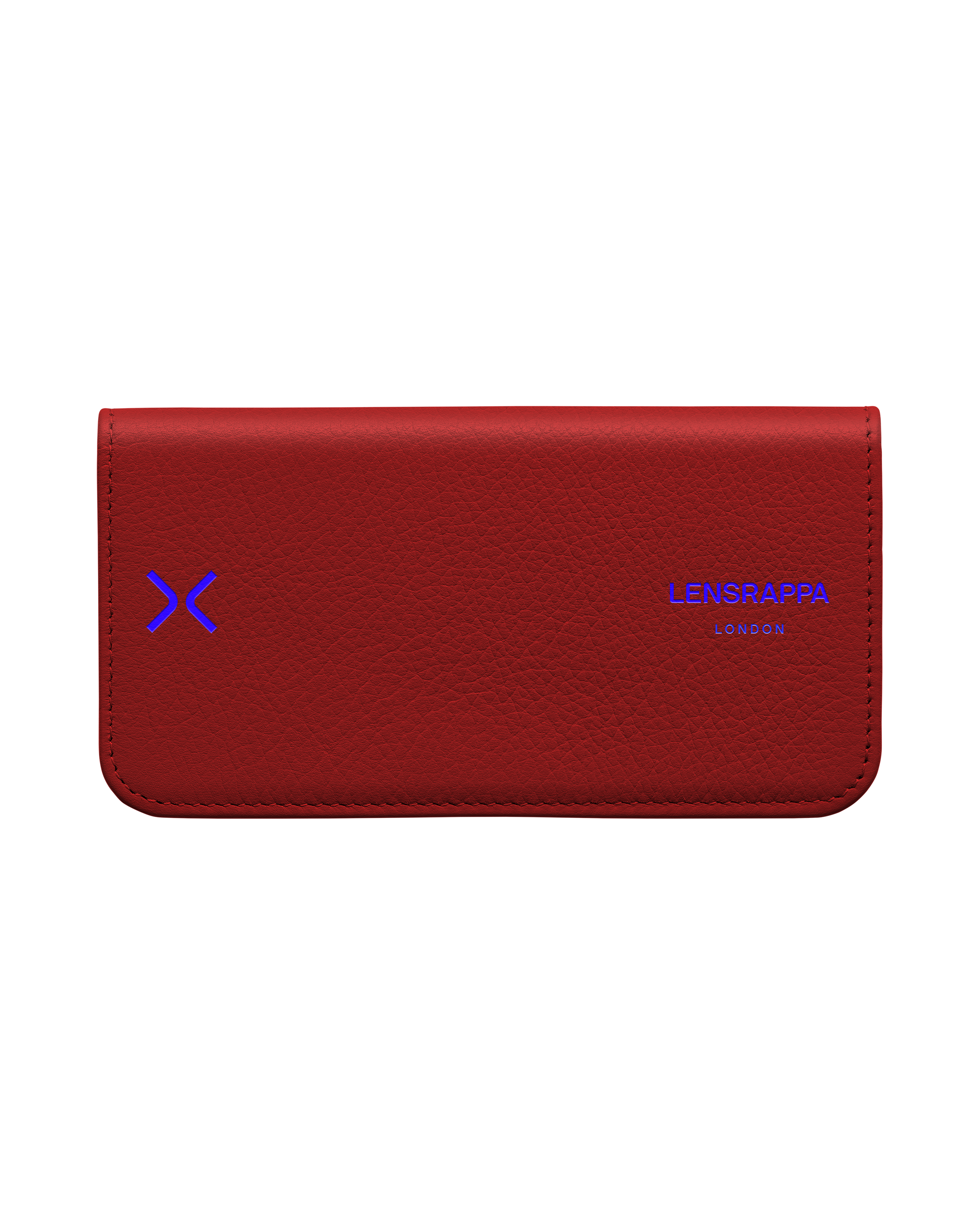 A ruby red Lensrappa case for eyewear, closed and displayed against a neutral background.