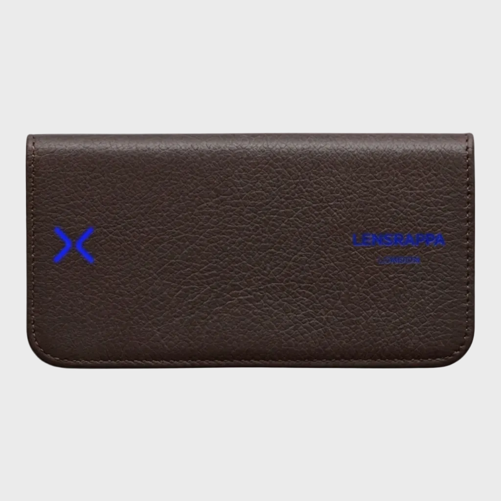 Brown leather sunglasses case with blue logo and text on a white background