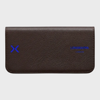 Brown leather sunglasses case with blue logo and text on a white background