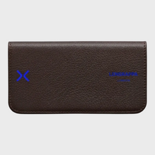 Brown leather sunglasses case with blue logo and text on a white background