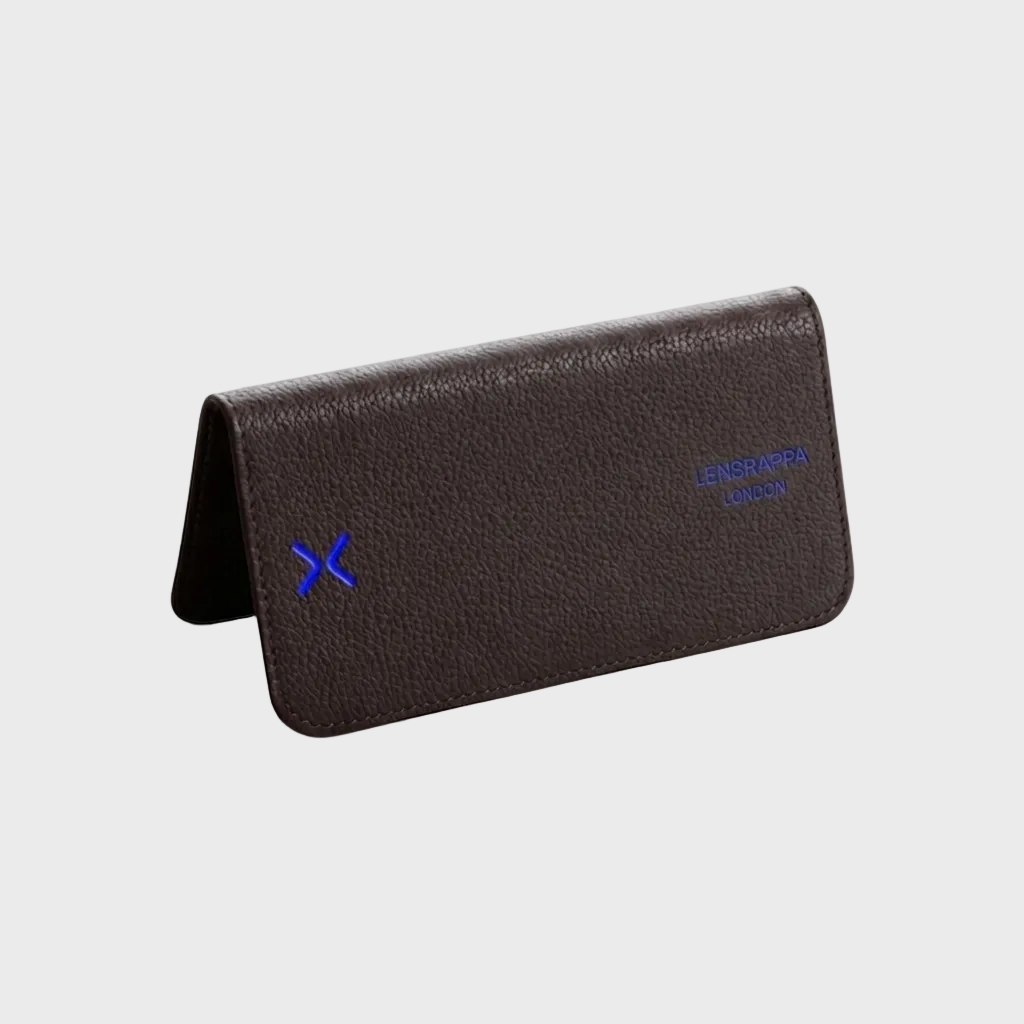 Dark Brown leather glasses case with a blue logo on a white background