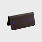 Dark Brown leather glasses case with a blue logo on a white background