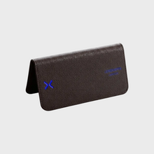 Dark Brown leather glasses case with a blue logo on a white background