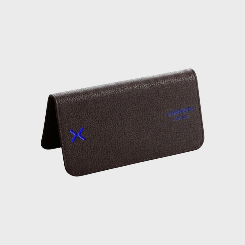 Dark Brown leather glasses case with a blue logo on a white background