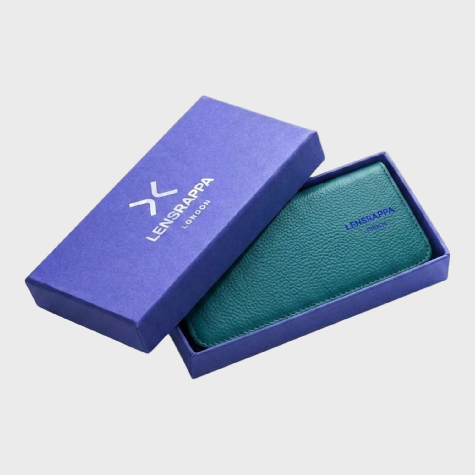 Teal leather glasses case in a blue box with Lensrappa branding on a white background
