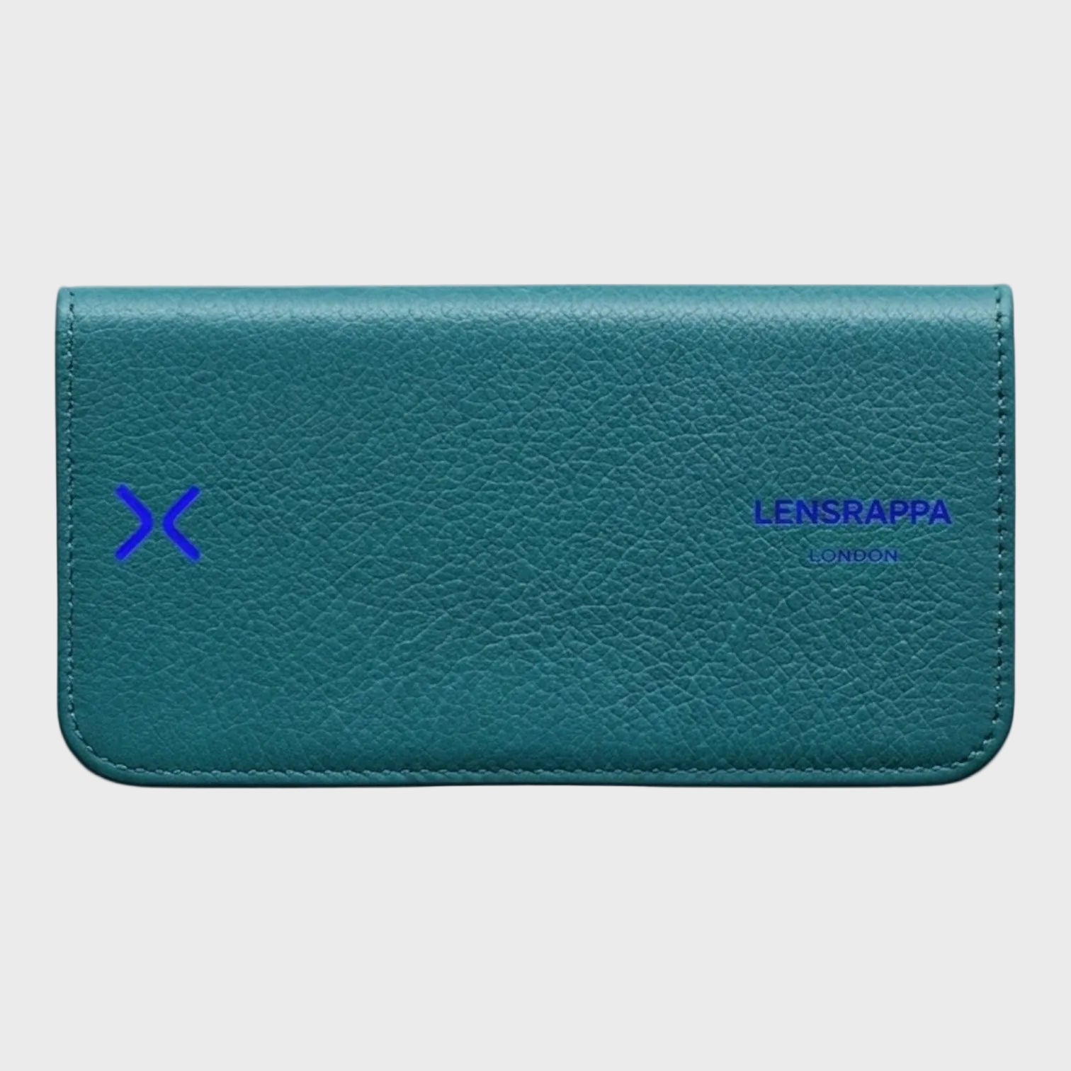 Teal flat glasses case with 'LENSRAPPA' branding on a white background
