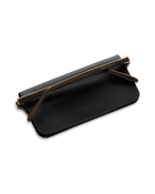 Black leather eyewear case protecting a pair of glasses.