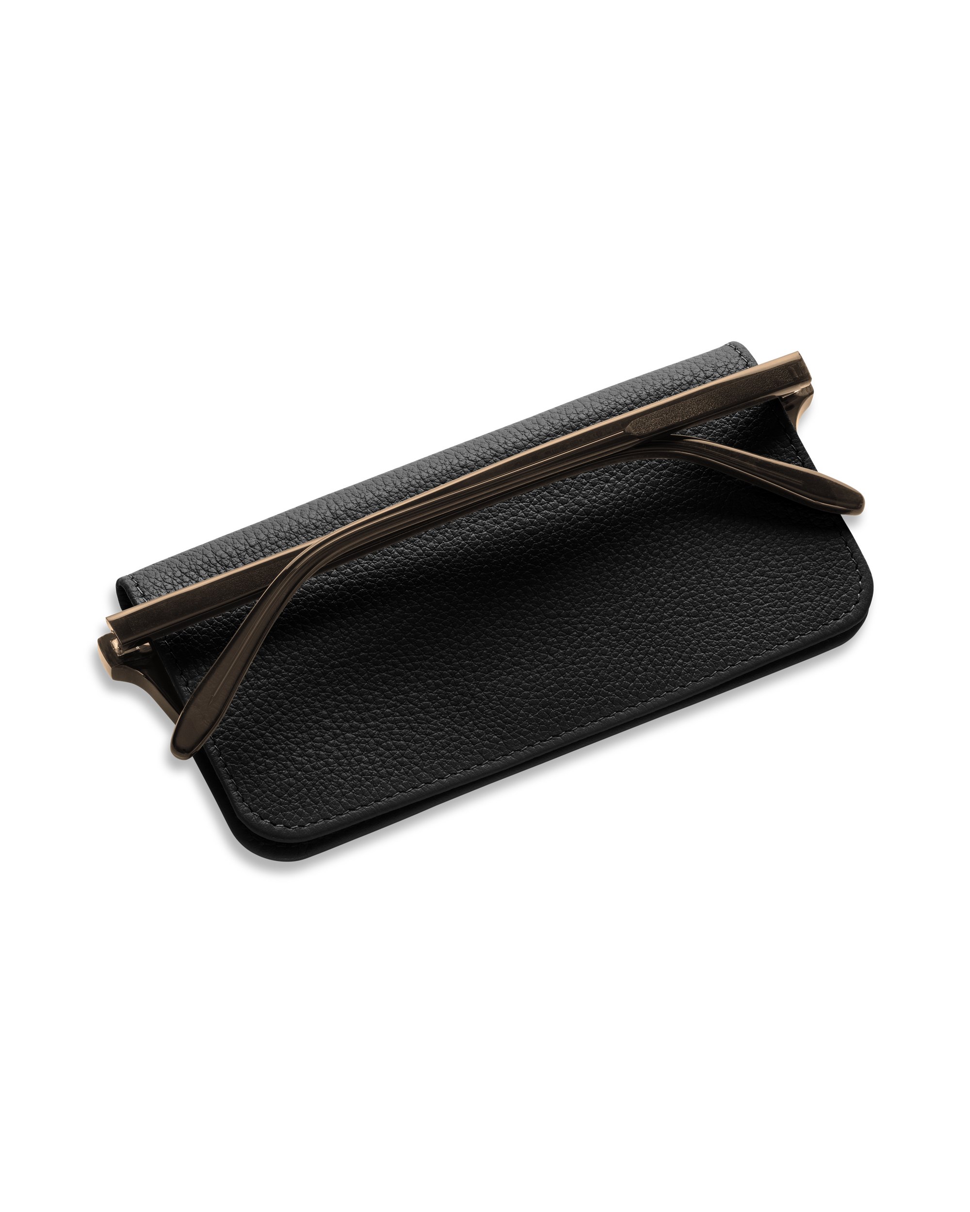 Black leather eyewear case protecting a pair of glasses.