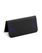A black leather eyewear case with a blue logo on the front, open and upright.