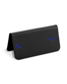 A black leather eyewear case with a blue logo on the front, open and upright.