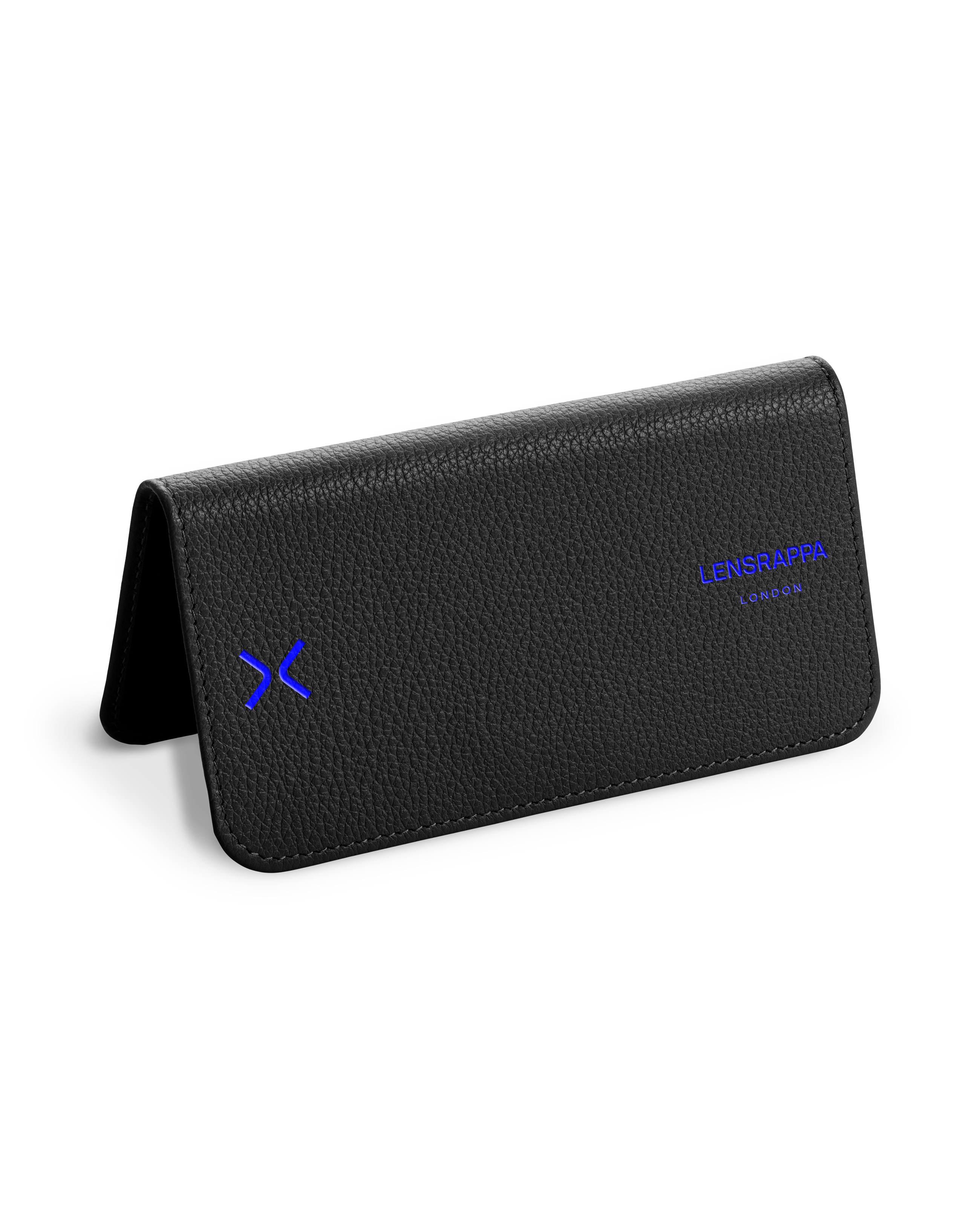 A black leather eyewear case with a blue logo on the front, open and upright.