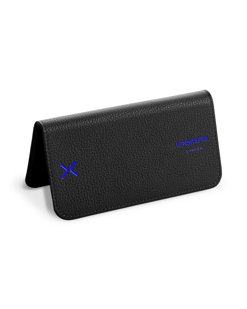 A black leather eyewear case with a blue logo on the front, open and upright.