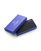 Black leather eyewear case inside a gift box.