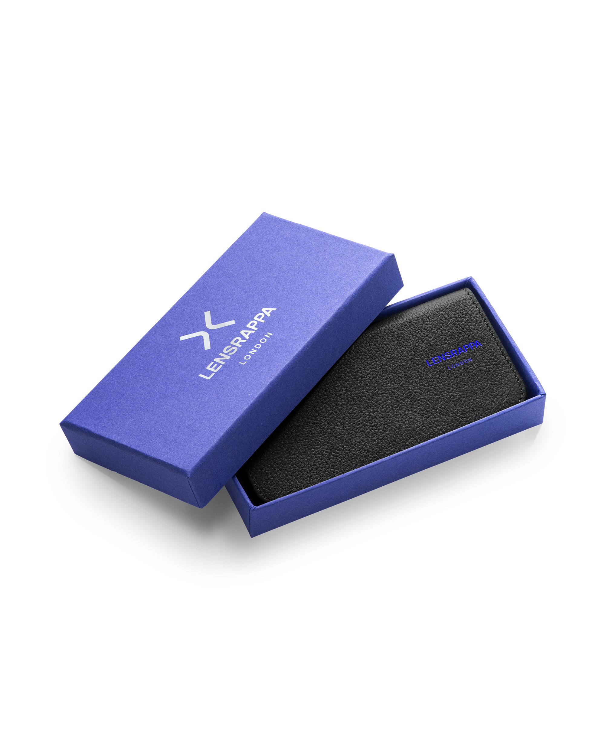 Black leather eyewear case inside a gift box.